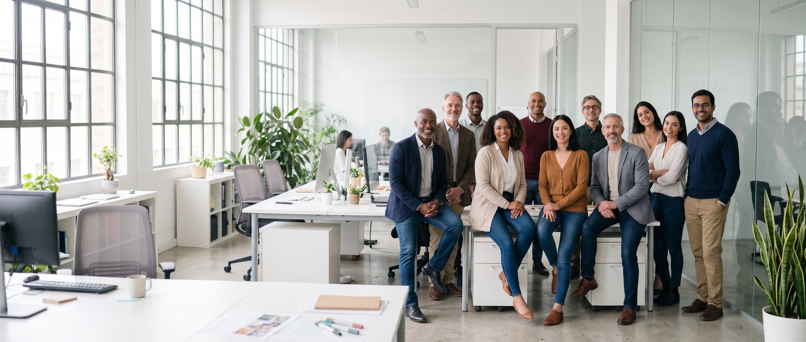 People collaborating on business services